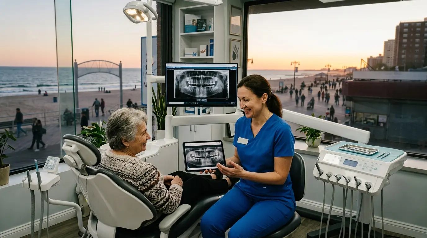Russian-speaking dentist talking with a patient at a Brighton Beach dental office