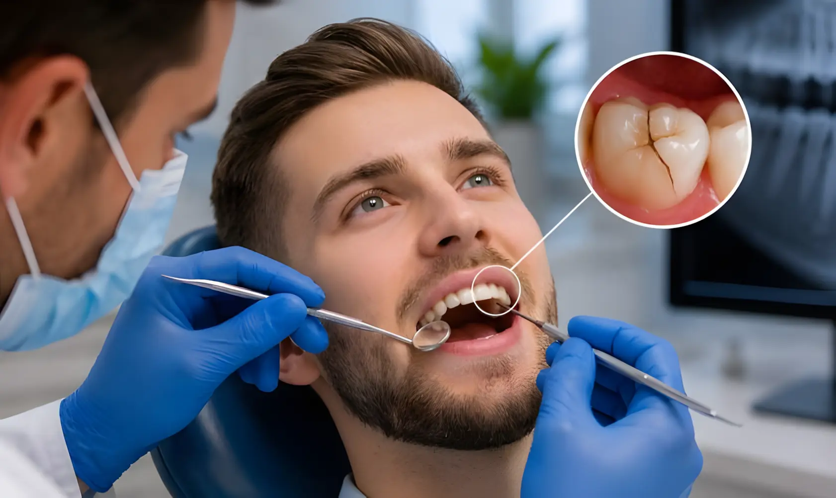Emergency dentist in Brooklyn examining a patient with a cracked tooth