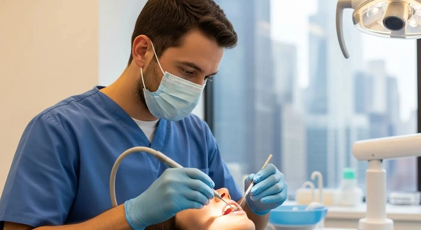 Elderly patient and adult daughter at a multilingual dental visit in Brooklyn