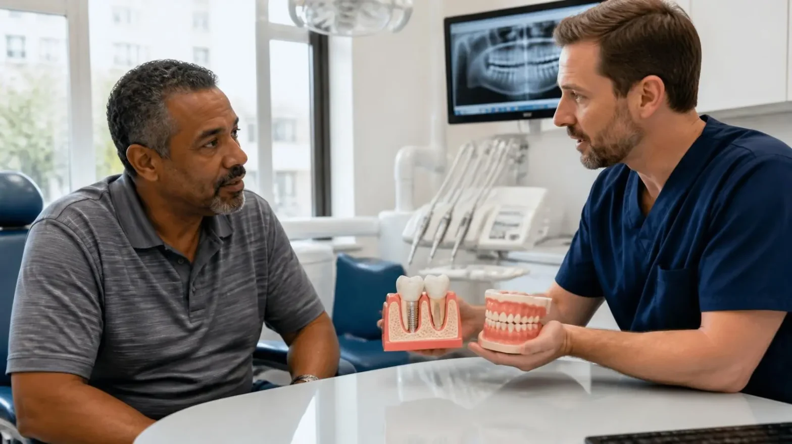 Side-by-side comparison of dental implants and dentures for a Brooklyn patient
