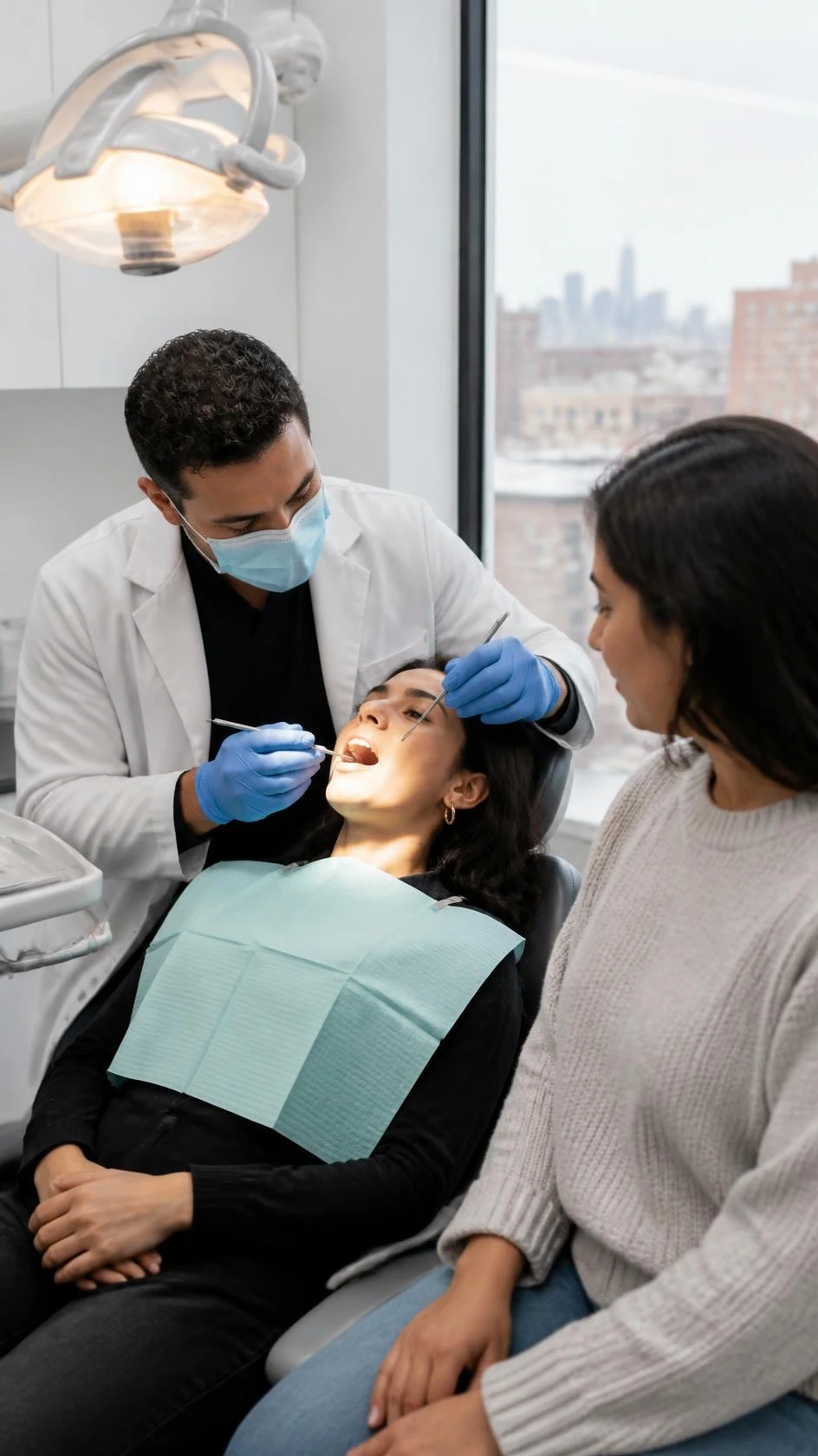 Dentist at Trump Village Dental explaining a treatment plan to a Russian-speaking patient in Brooklyn, NY