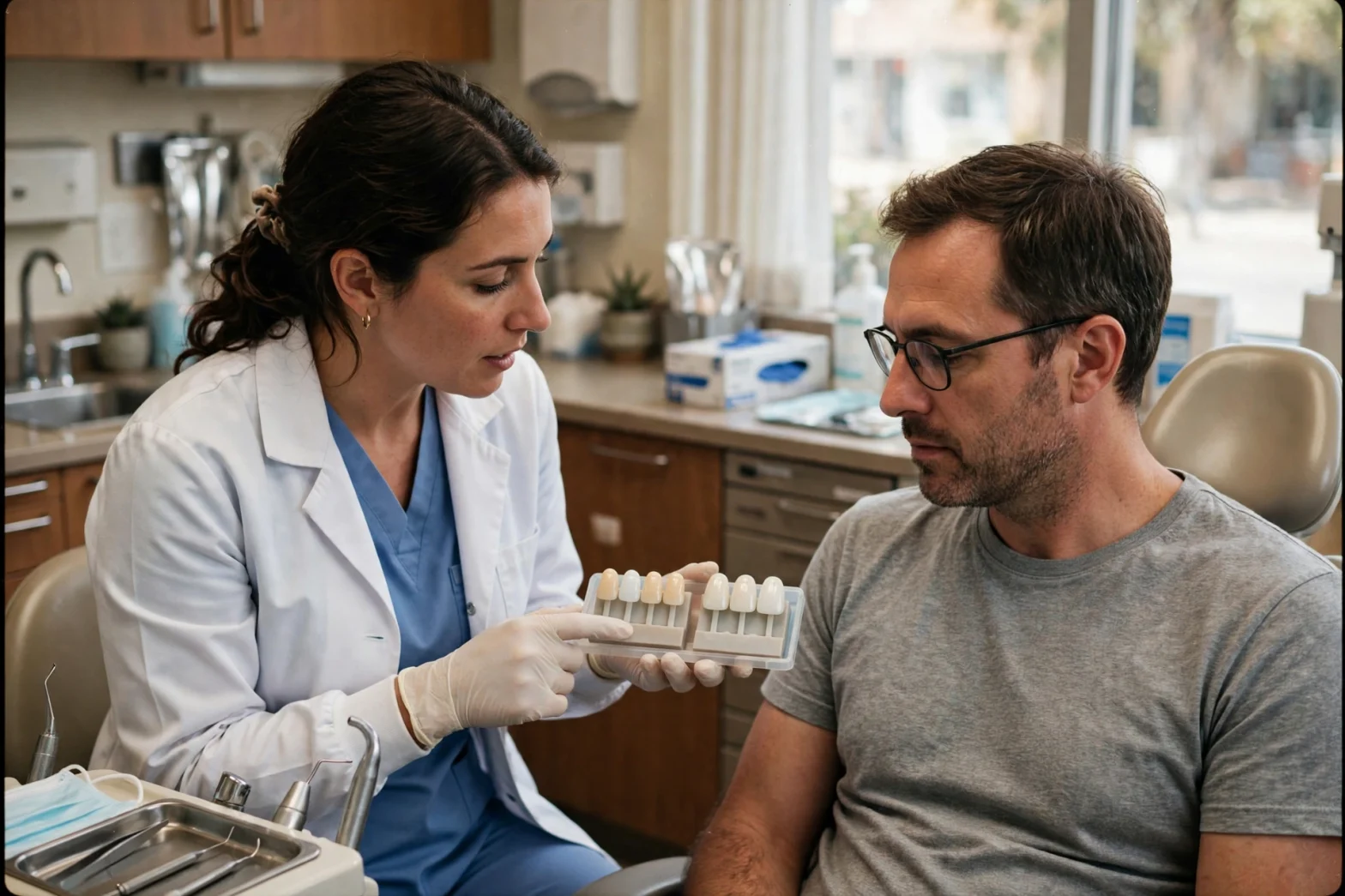 Brooklyn dentist comparing a teeth whitening shade guide with porcelain veneer samples